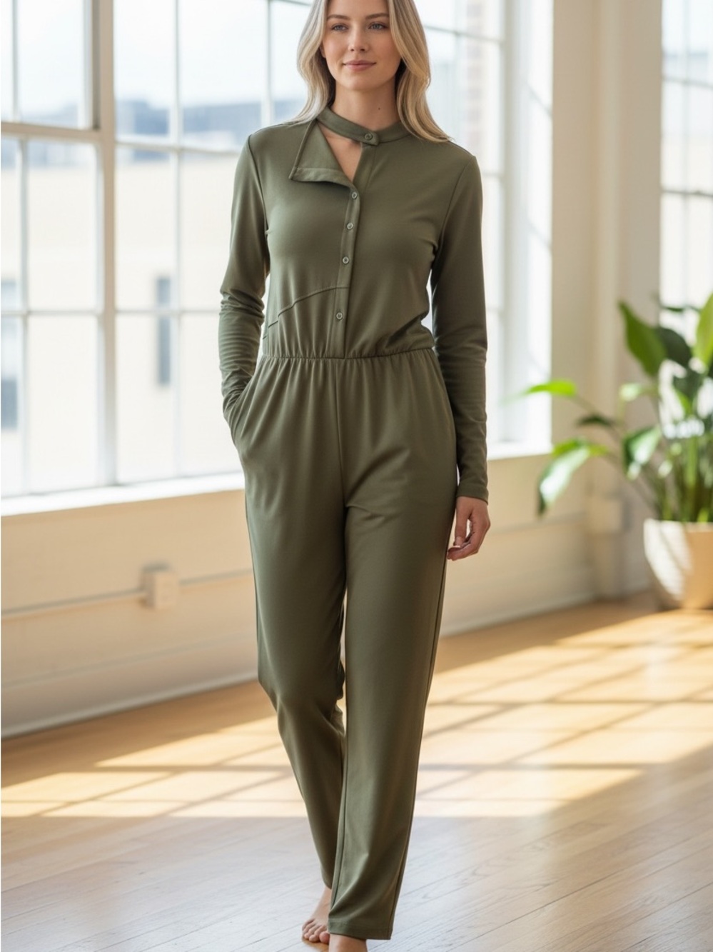 94 HALARA Olive Jumpsuit with Button Placket and Neck Tie
